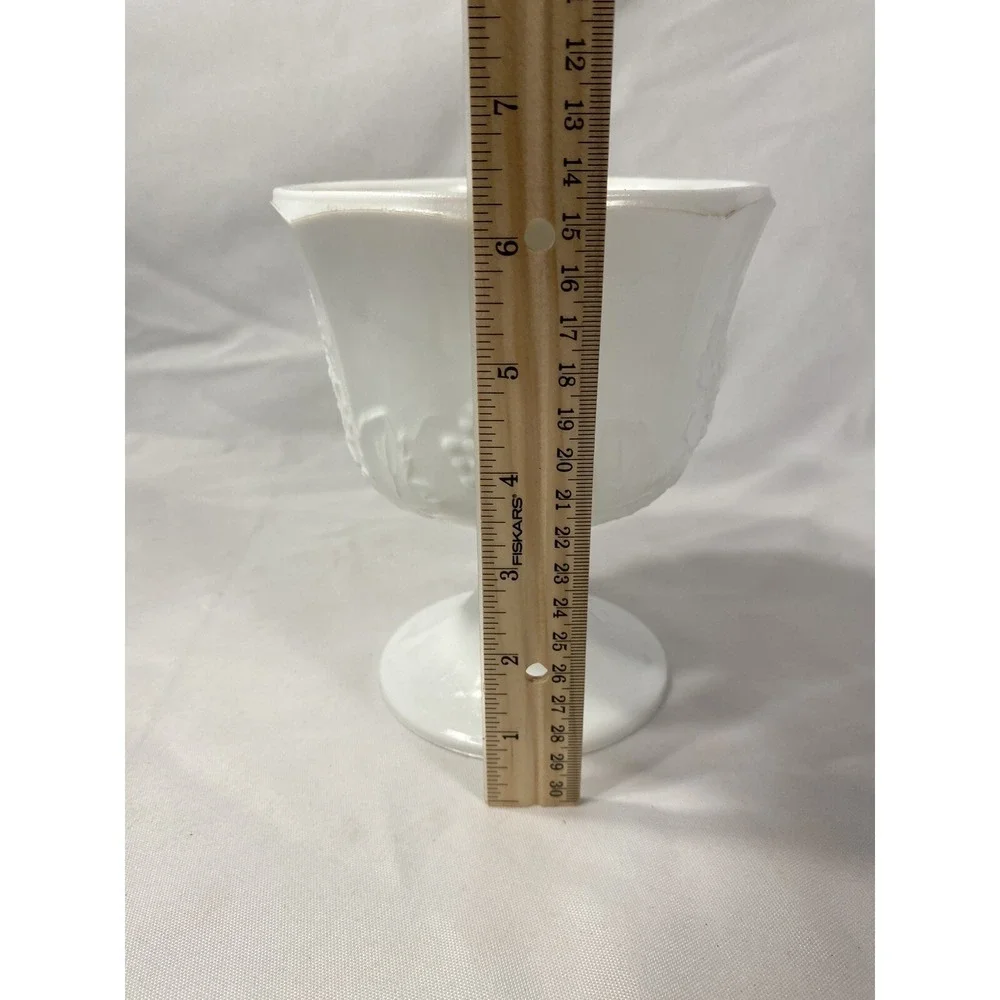 vintage milk white glass vase candy‎ bowl with grapes vines floral 6 inch tall